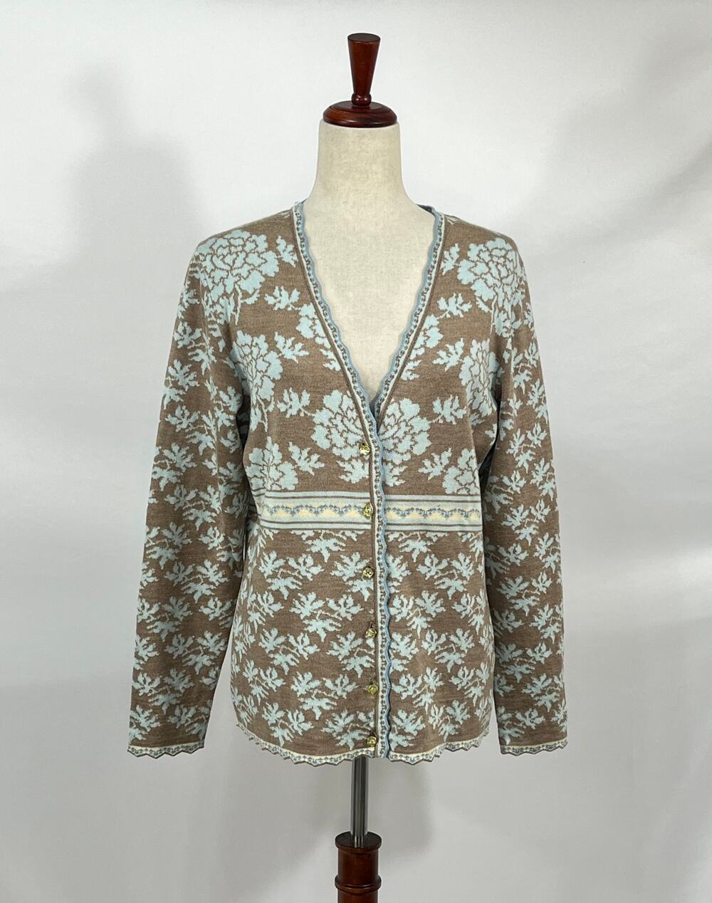 OLEANA Sz L Large Brown Blue Floral Silk Wool Cardigan Sweater